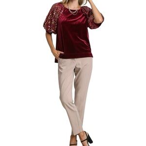 Umgee Velvet Top with Sequin Sleeve in Cranberry